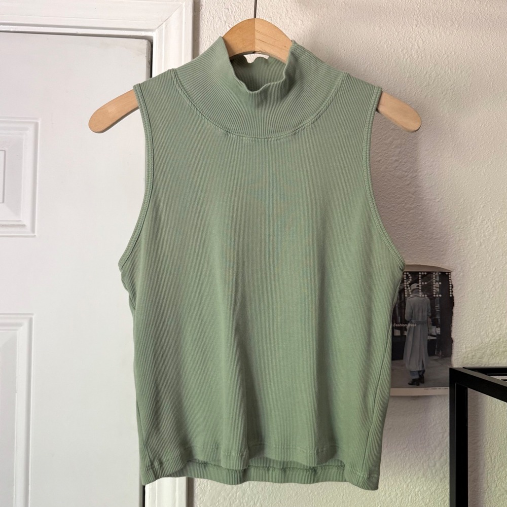 BIG BUD PRESS sage green organic cotton rib ribbed cropped mock neck tank top